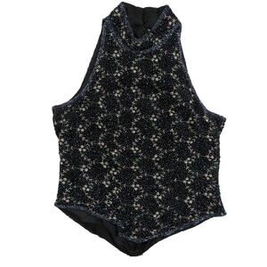 90s Vintage Adrianna Papell Boutique Black Sequin Sleeveless Silk Blouse Medium